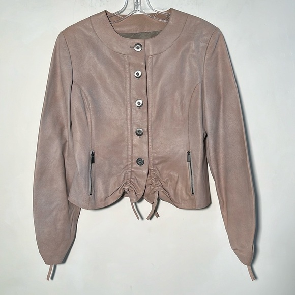 GIORGIO ARMANI Buffalo Leather Pink/Tan Ruched Front/SLV Button Crop Jacket 12 - Picture 1 of 16